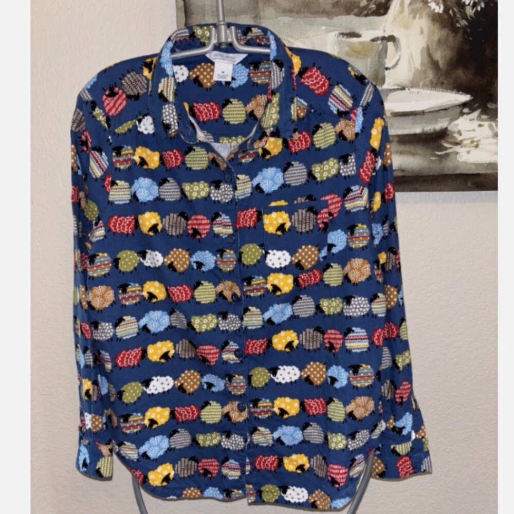 Sleep Sense Pajama TOP Women's Button Shirt Portuguese Flannel Medium SHEEP